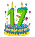 Birthday Cake With Number Seventeen Candle, Celebrating Seventeenth Year of Life, Colorful Balloons and Chocolate Coating