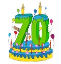 70 Birthday Cake With Number Seventy Candle, Celebrating Seventieth Year of Life, Colorful Balloons and Chocolate Coating