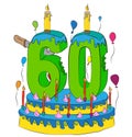 60 Birthday Cake With Number Sixty Candle, Celebrating Sixtieth Year of Life, Colorful Balloons and Chocolate Coating