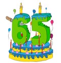 65 Birthday Cake With Number Sixty Five Candle, Celebrating Sixty-Fifth Year of Life, Colorful Balloons and Chocolate Coating