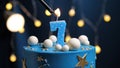 Birthday cake number 7 stars sky and moon concept, blue candle is fire by lighter. Copy space on right side of screen. Close-up Royalty Free Stock Photo