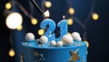 Birthday cake number 21 stars sky and moon concept, blue candle is fire by lighter. Copy space on right side of screen. Close-up Royalty Free Stock Photo