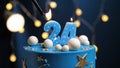 Birthday cake number 24 stars sky and moon concept, blue candle is fire by lighter. Copy space on right side of screen. Close-up Royalty Free Stock Photo