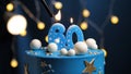 Birthday cake number 60 stars sky and moon concept, blue candle is fire by lighter. Copy space on right side of screen. Close-up Royalty Free Stock Photo