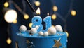 Birthday cake number 81 stars sky and moon concept, blue candle is fire by lighter. Copy space on right side of screen. Close-up Royalty Free Stock Photo