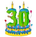 30 Birthday Cake With Number Thirty Candle, Celebrating Thirtieth Year of Life, Colorful Balloons and Chocolate Coating