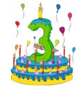 Birthday Cake With Number Three Candle, Celebrating Third Year of Life, Colorful Balloons and Chocolate Coating Royalty Free Stock Photo