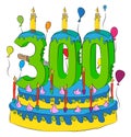 300 Birthday Cake With Number Three Hundred Candle, Celebrating Three Hundredth Year of Life, Colorful Balloons and Chocolate Coat Royalty Free Stock Photo