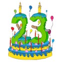 Birthday Cake With Number Twenty Three Candle, Celebrating Twenty-Third Year of Life, Colorful Balloons and Chocolate Coating Royalty Free Stock Photo