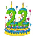 Birthday Cake With Number Twenty Two Candle, Celebrating Twenty-Second Year of Life, Colorful Balloons and Chocolate Coating Royalty Free Stock Photo