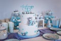 Birthday cake for a one year old boy. Teddy bear cartoon character shape and blue decorations of mastic. Candy bar. Inscription Al