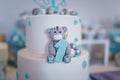 Birthday cake for a one year old boy. Teddy bear cartoon character shape and blue decorations of mastic