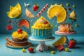Birthday cake with orange, strawberry and lemon on blue background. generative ai Royalty Free Stock Photo