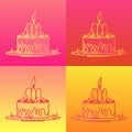 Birthday cake in outline contour style. Set of icons on four colorful backgrounds.