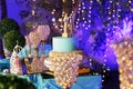 Birthday cake party decoration with Colorful lighting. Royalty Free Stock Photo