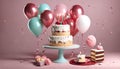 A Birthday Cake with Pastel Color Baloons and blowing candles. Royalty Free Stock Photo
