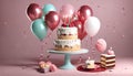 A Birthday Cake with Pastel Color Baloons and blowing candles.