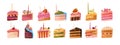 Birthday cake pieces, cut slices. Holiday desserts portions set. Sweet party food. Tasty pastry with candles