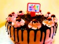birthday cake pink cream yummy chocolate round flower decoration beautiful photo image