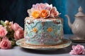 Birthday cake with roses and teapot on a blue background