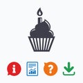 Birthday cake sign icon. Burning candle symbol Royalty Free Stock Photo