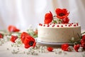 Birthday cake sitting on a table, surrounded by poppies