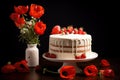 Birthday cake sitting on a table, surrounded by poppies