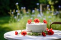 Birthday cake sitting on a table, surrounded by poppies