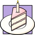 Birthday cake slice in dish with lighted candle