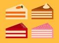 Birthday cake slice set. Different flavor pieces. Delicious dessert, pastries. Chocolate, carrot, red velvet, pink cakes Royalty Free Stock Photo