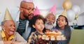 Birthday cake, smile and family at party celebration together at modern house with candles and cake. Happy, excited and Royalty Free Stock Photo