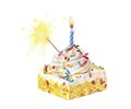 Birthday cake with sparkler and candle watercolor illustration isolated on white background Royalty Free Stock Photo