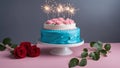 birthday cake with sparklers _A realistic scene of a birthday cake with roses and a sparklers on a white plate. The cake is round