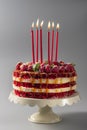 Birthday cake on a stand with candles