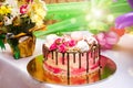 Birthday cake on the table bright background