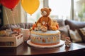 Birthday cake with teddy bear and teddy bear on table, A babyÃ¢â¬â¢s first birthday celebration with a themed cake, AI Generated Royalty Free Stock Photo
