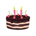 Birthday cake with three burning candles and red cherries. Tasty chocolate dessert. Cartoon flat vector design for