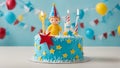 A birthday cake with a blue candle and a boy figurine on top. The cake has blue frosting and yellow stars