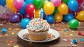 birthday cake with 3 three candles A realistic scene of colorful happy birthday cupcakes with candles Royalty Free Stock Photo