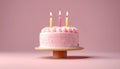 Birthday cake with a three sparkling candles on pink background. AI generated