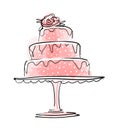 Birthday cake 3 tiers, decor with flower and white chocolate, pink wedding sketch style, hand drawn vector illustration