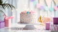 Birthday Cake With Two Candles and Confetti Royalty Free Stock Photo