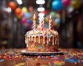 a birthday cake with two lit candles sitting on top of a table Royalty Free Stock Photo
