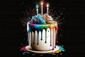 a birthday cake with two lit candles on it and sprinkles on the top of the cake and on the bottom of the cake Royalty Free Stock Photo