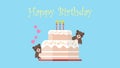 Birthday cake with vanilla white cream topping and two little bear sitting near cake and three candles and pink hearts on blue
