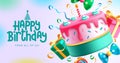 Birthday cake vector background design. Happy birthday greeting text with yummy cake Royalty Free Stock Photo