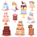 Birthday cake vector cheesecake cupcake for happy birth party baked chocolate cake and dessert from bakery set