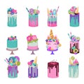 Birthday cake vector cheesecake cupcake for happy birth party sweet caked dessert from bakery set of baked cacking Royalty Free Stock Photo