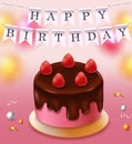 Birthday cake vector concept design. Birth day cake in chocolate and strawberry flavor with happy birthday pennants for party. Royalty Free Stock Photo