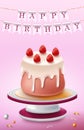 Birthday cake vector design. Birth day cake in strawberry flavor with dripping ganache and happy birthday pennants for party.